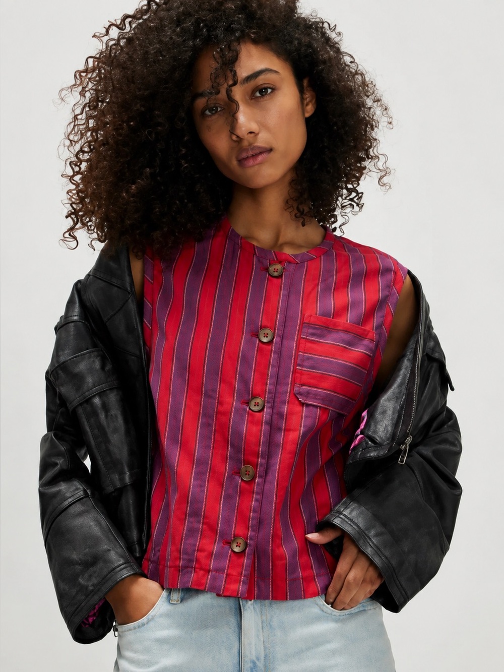 Free People Emilia Vest Red Purple Stripe  Button Front Pocket Boho Small